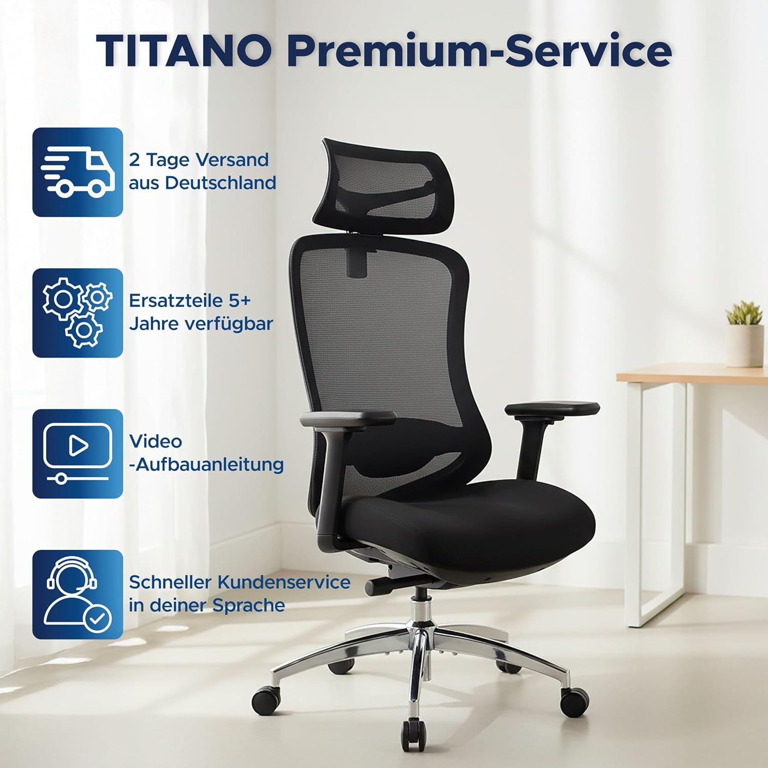 TITANO E5 | Ergonomischer Bürostuhl mit Neigungsfunktion, 4D-Armlehnen, Lendenwirbelstütze & Kopfstütze – Drehstuhl für Home Office & Büro | 150 kg Belastbar | Ergonomic Schreibtischstuhl