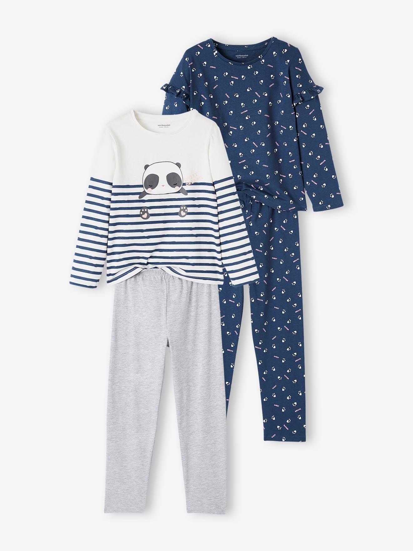 Conjunto de 2 pijamas de panda, branco claro liso com estampas, para meninas.