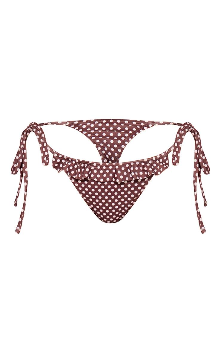 Marron Bas De Bikini À Imprimé Pois Avec Bords À Volants Et Liens Sur Les Côtés