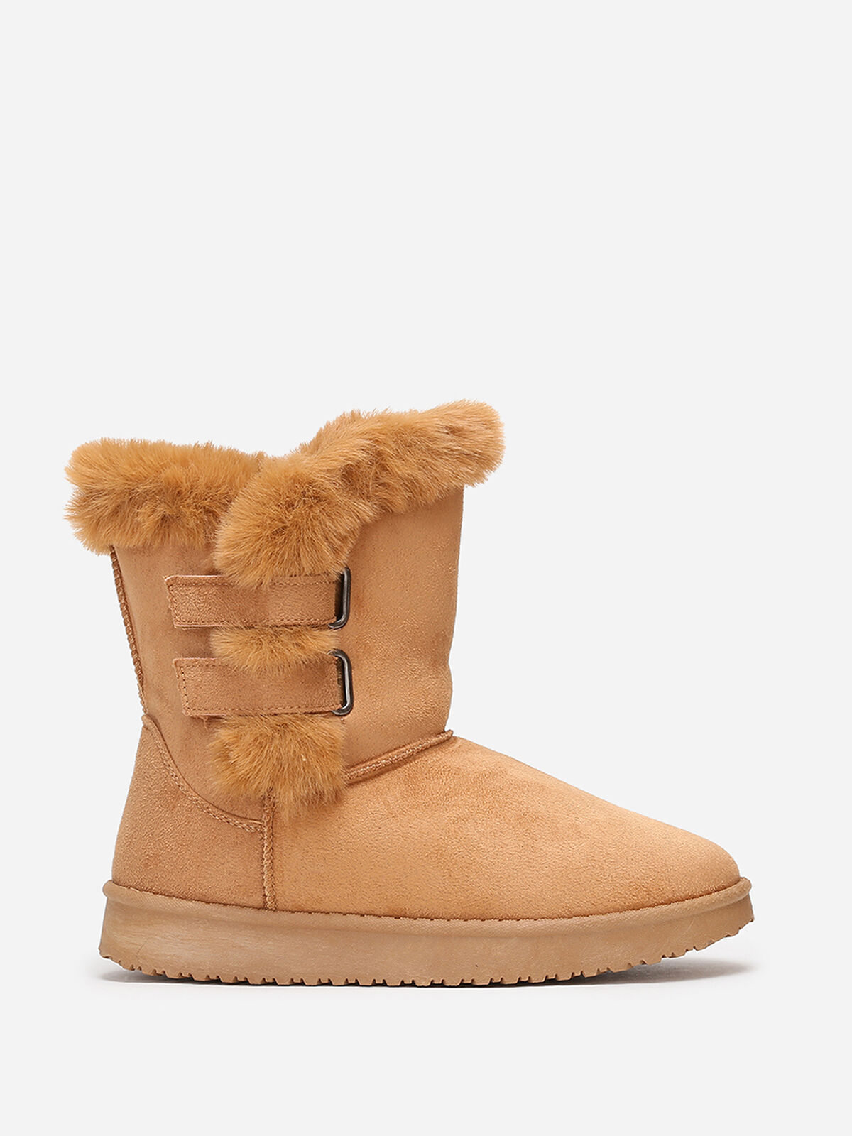 Boots en suédine et fausse fourrure à scratchs- Camel