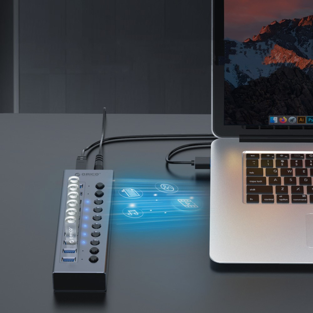 (28cm) 16-fach USB 3.0 Hub Aluminium Adapter mit USB Port Steuerung Tastenschalter 5GB/s   Netzteil (12V/5A) - Grau