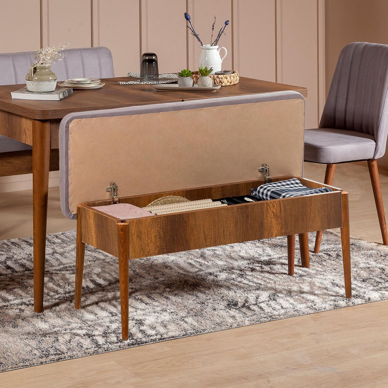Wooden Art Ensemble Table + 2 Chaises + 1 Banc Vina beige/gris