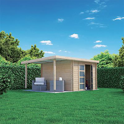Abri de jardin + pergola Skara en bois coloris naturel ép.28 mm surface extérieure 10,65 + 5,51 m²