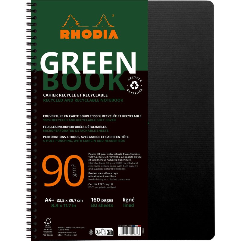 Cahier spirale Rhodia Greenbook A4+ 22,5 x 29,7 cm - ligné - perforé 4 trous - 160 pages - couverture carte souple