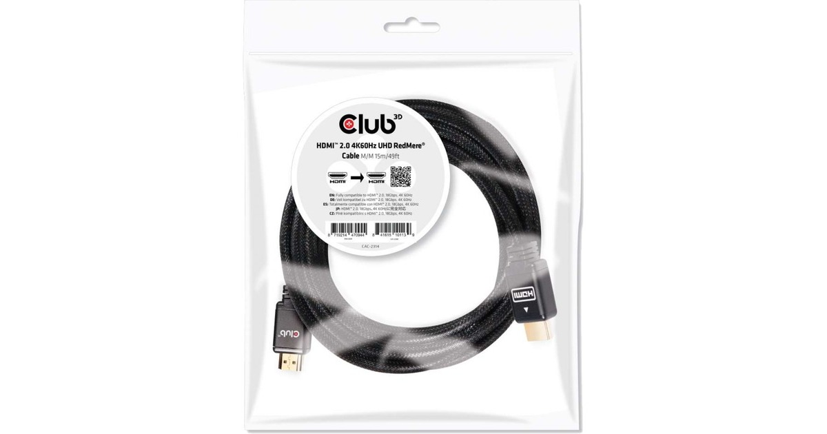 Club 3DHDMI 2.0 RedMere kabel  (Zwart, 15 meter, 4K 60Hz)