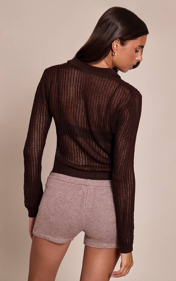 Chocolate Brown Cardigan Boutonné En Maille Ajourée