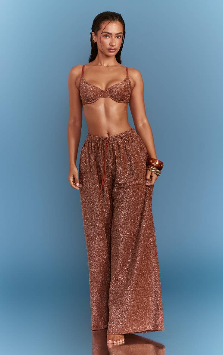 Bronze Pantalon De Plage Large À Cordon En Lurex
