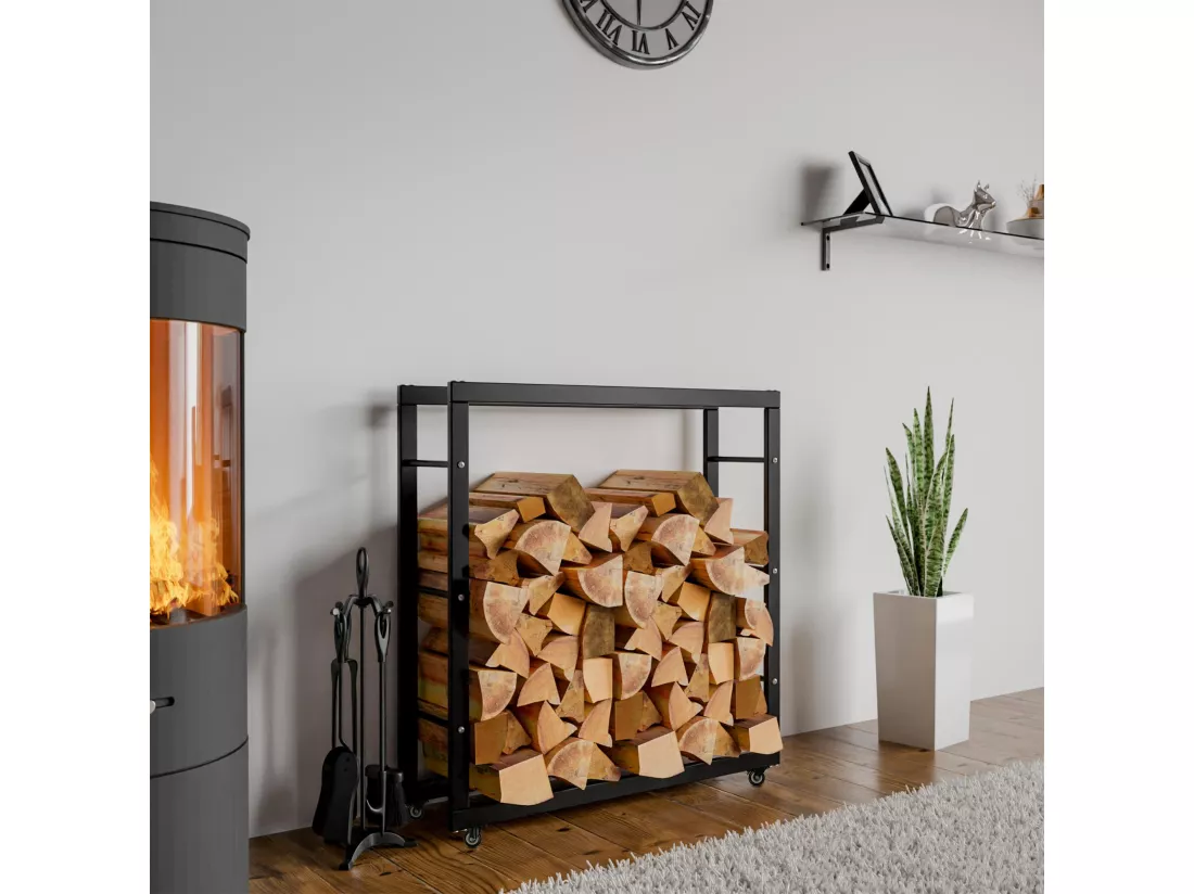Etagère bois de cheminée - Métal - 25x80x80 cm - Noir - Keri