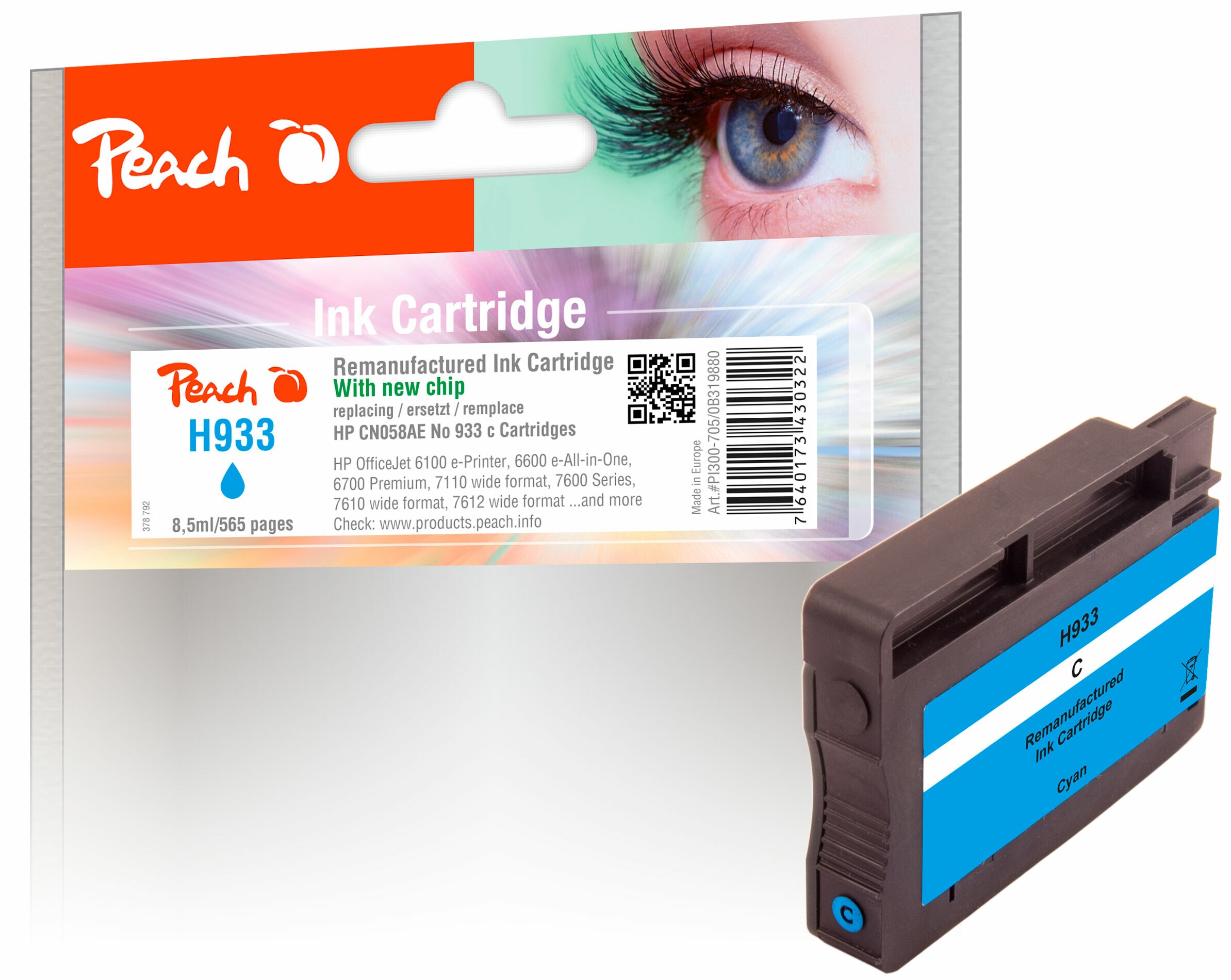 Peach HP 933 c Druckerpatrone cy ersetzt HP No. 933 c, CN058A für z.B. HP OfficeJet 6100 e-Printer, HP OfficeJet 6600 e-All-in-One, HP OfficeJet 7110 (wiederaufbereitet)