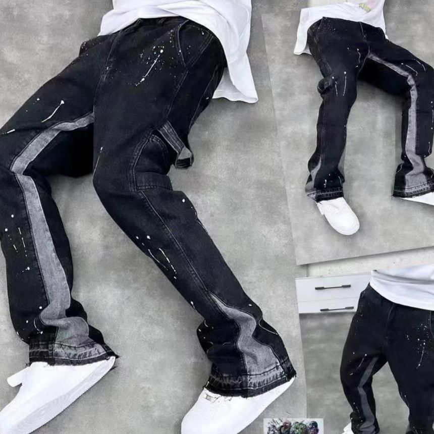Capbrew - Mid Rise Paint Splatter Washed Flared Jeans