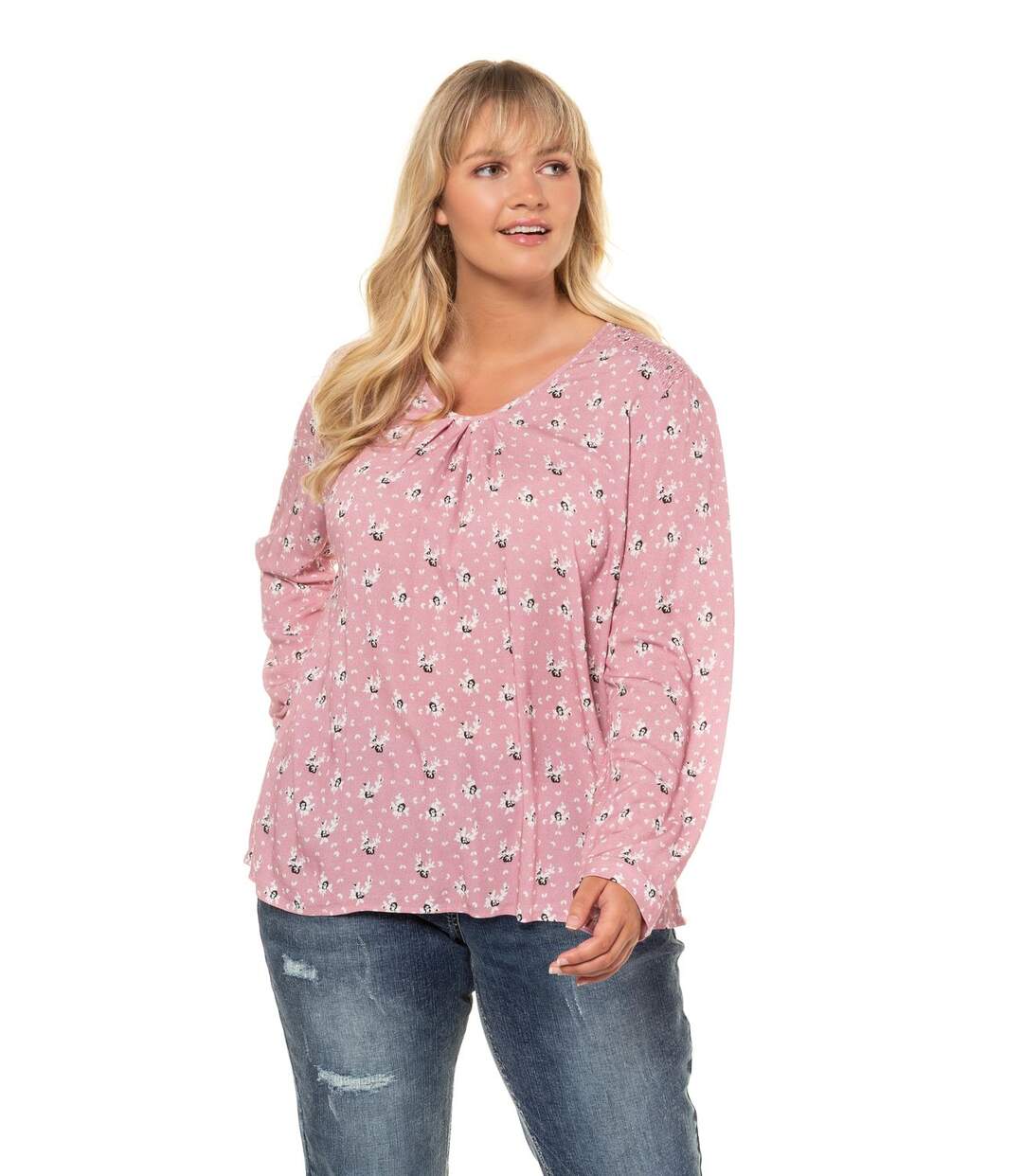 ULLA POPKEN Tunique fleurie smocks épaules plis décoratifs beige clair
