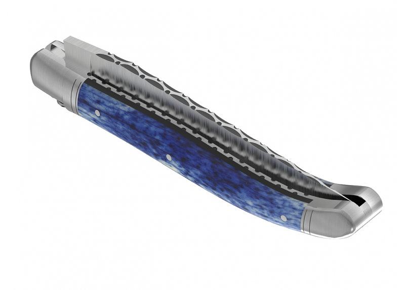 Couteau Laguiole prestige avec un manche en os de girafe teinte bleu et mitres en acier inoxydable