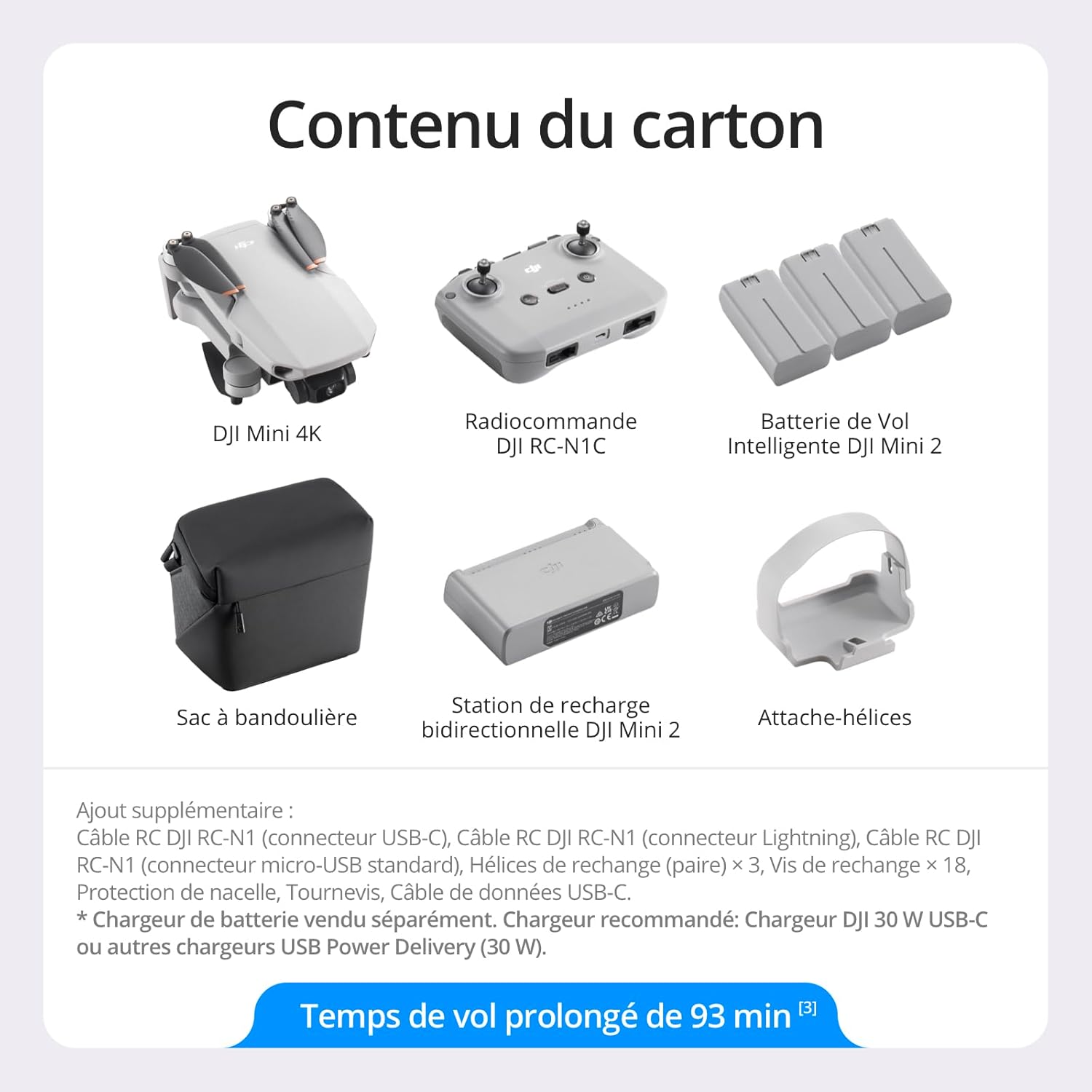DJI Bundle Fly More Mini 4K, Drone Caméra 4K UHD, Moins de 249 g, Transmission Vidéo sur 10 km, Retour Auto, Trois Batteries, Temps de Vol max. de 93 min, C0, QuickShots