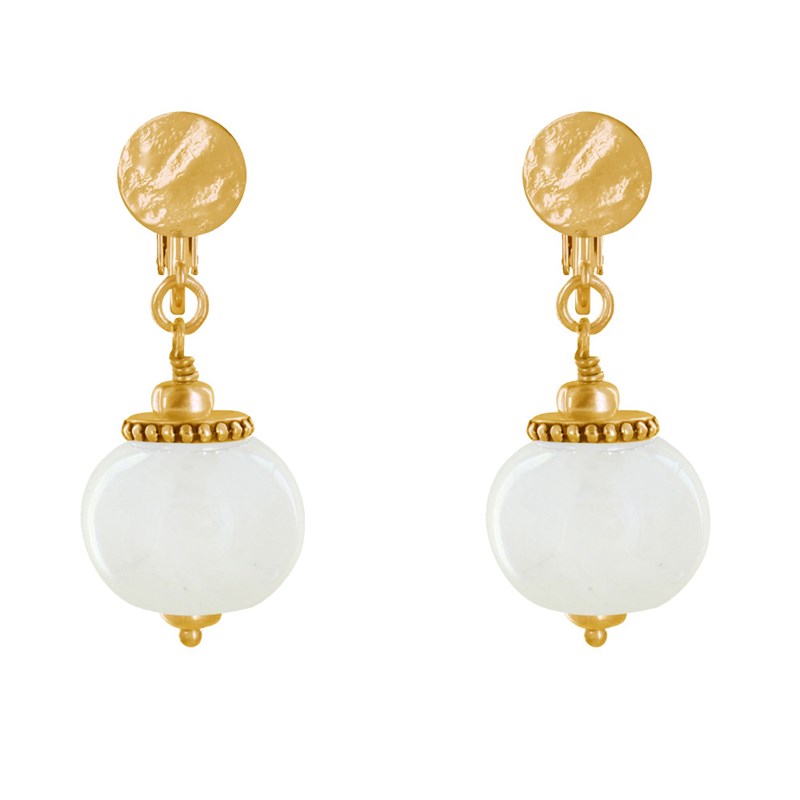 Boucles d'Oreilles Clip Métal Doré et Grosses Perles en Céramique