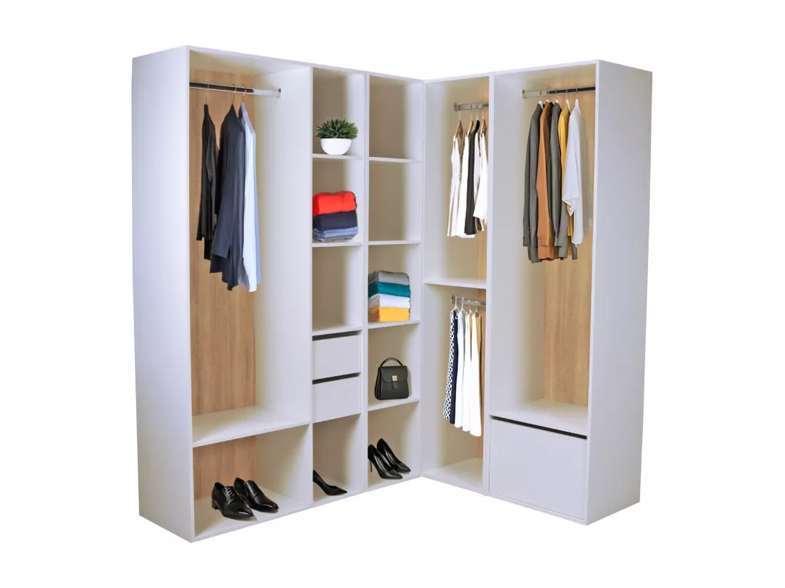 Dressing d'angle modulable - L242,5 cm - Blanc et naturel - TAMOKA