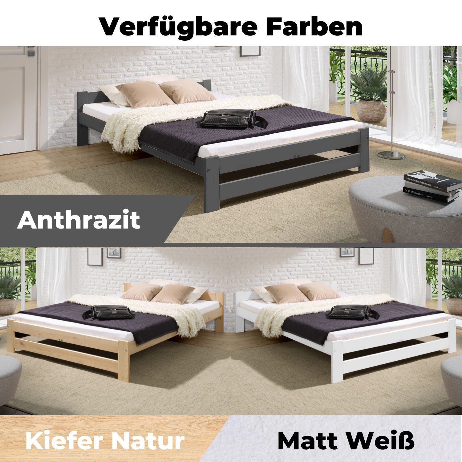 Coemo Bett Classico Lattenrost Massivholz Kiefer 140x200cm anthrazit