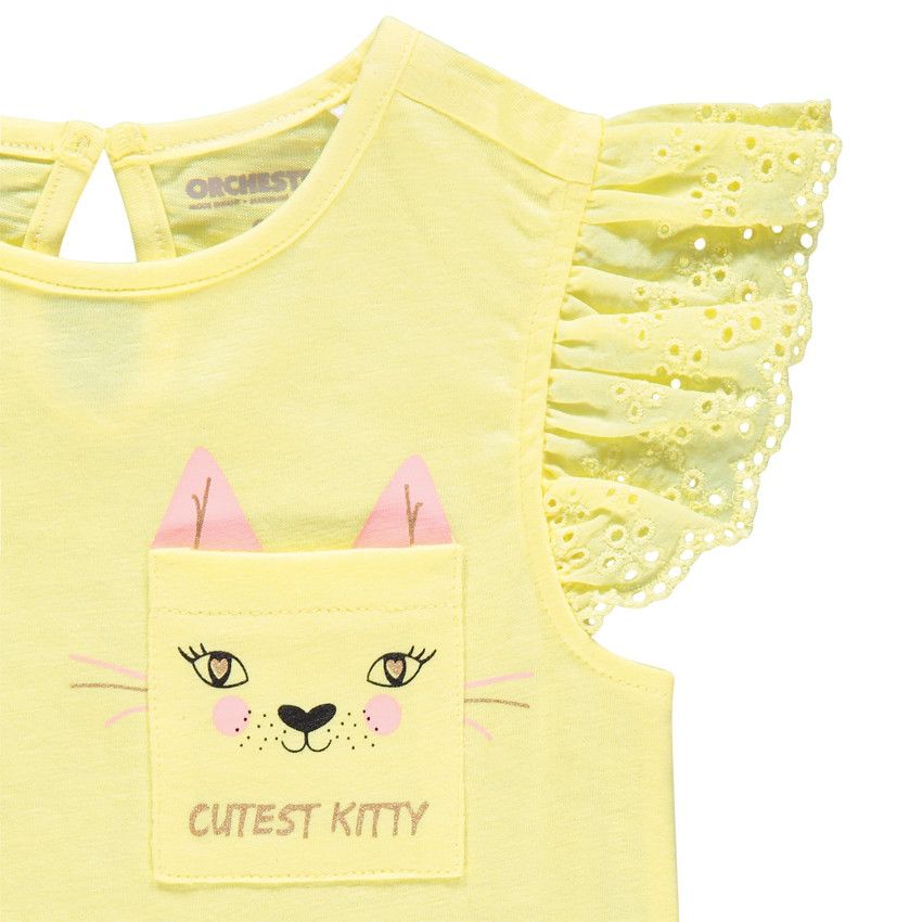 T-shirt à manches courtes volantées et poche imprimée - Jaune
