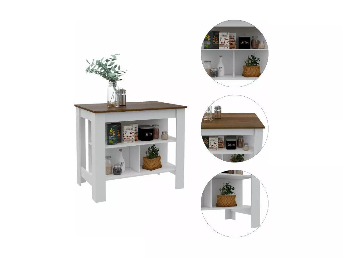 Îlot de cuisine Cala en mélamine avec trois étagères et quatre pieds , Blanc / Caramel 90 X 40.5 X 27.5 cm