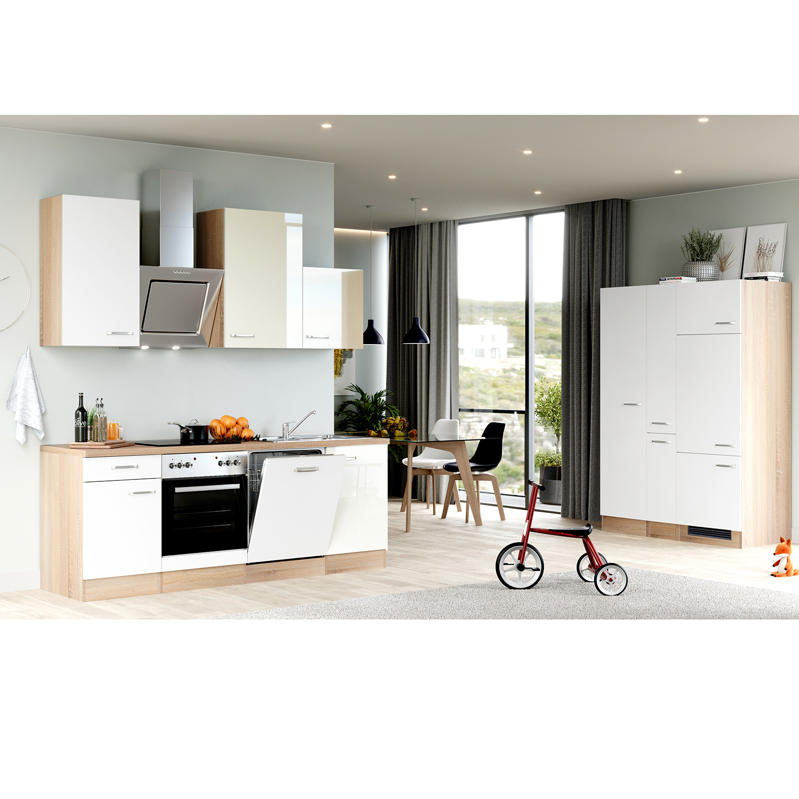 Küchenblock VALERO - weiß Hochglanz-Sonoma Eiche - mit E-Geräten - 360 cm