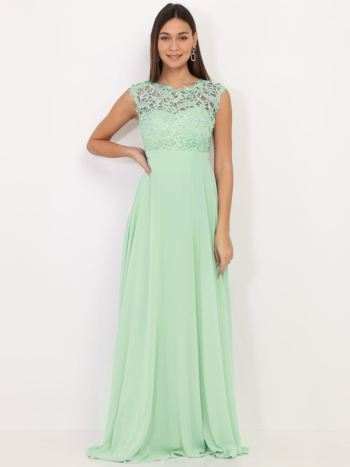 Robe longue à dentelle- Vert menthe