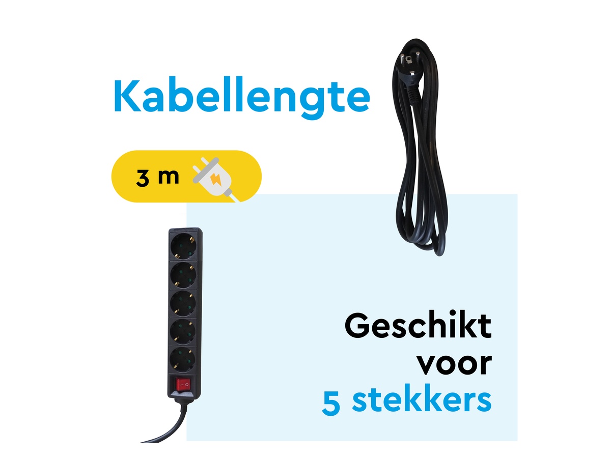 BRASQ 3 meter 5-voudige stekkerdoos met schakelaar - Black