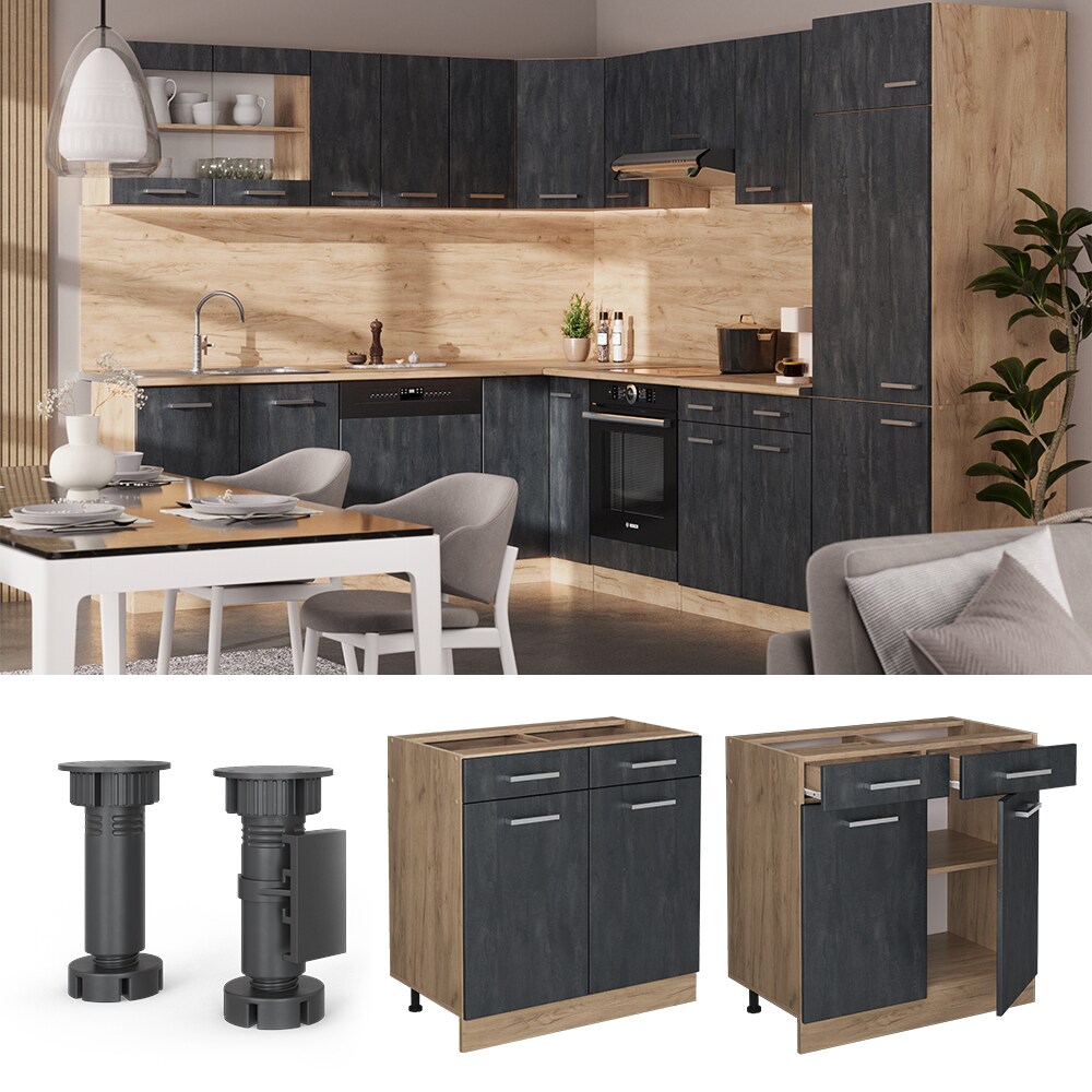 Vicco Schubunterschrank R-Line Schwarz Beton Eiche 80 cm mit Arbeitsplatte Weiß Marmor
