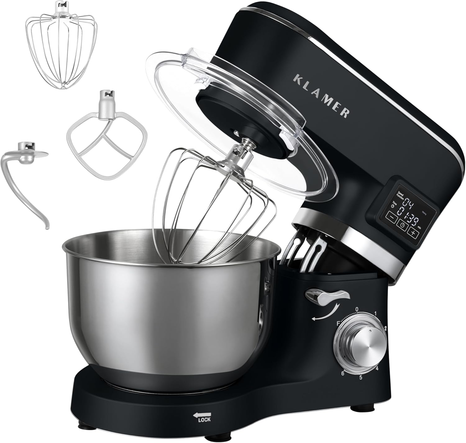 KLAMER Küchenmaschine Classic 1400 W – 5,5 L Rührschüssel aus Edelstahl, Knet-, Rühr- & Schneebesenaufsatz, Timer & LED-Display, stabile Saugnapffüße, ideal für Brot-, Kuchen- & Pizzateig