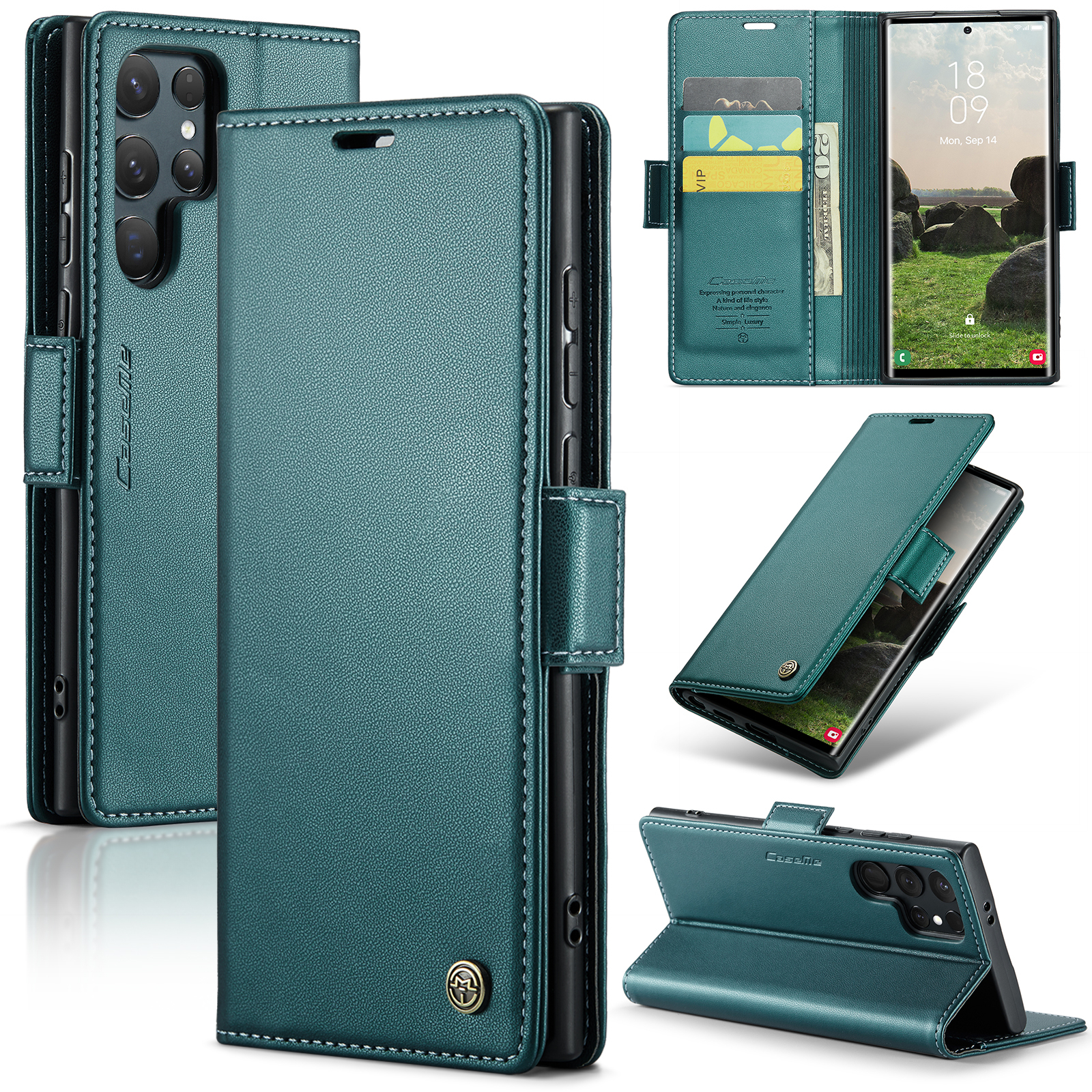 Samsung Galaxy S25 Ultra Leder Tasche Flip Wallet Etui mit Kartenfächern Litchi Look (RFID Schutz) - Grün