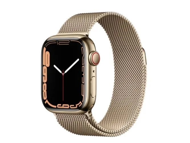 [OUTLET] - Apple Watch Series 7 (GPS   Cellular) - 45 mm - guld rustfrit stål - smart ur med milanesisk løkke - rustfrit stål - guld - håndledsstørrelse: 150-200 mm - 32 GB - Wi-Fi, Bluetooth - 4G - 51.5 g