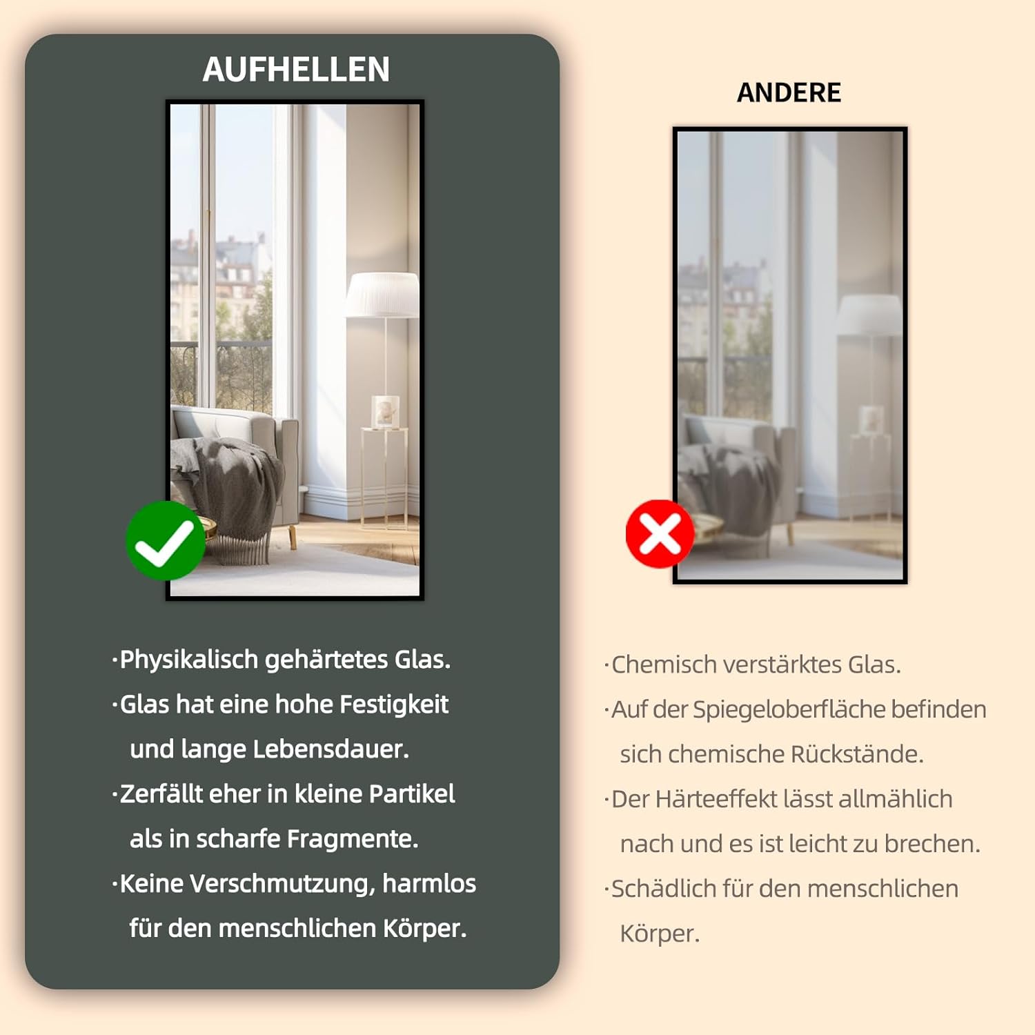 Ganzkörperspiegel Standspiegel 180x80cm mit Schwarz MetallrahmenBodenspiegel HD Spiegel Groß Wandspiegel mit Haken für Wohn-, Schlaf- und Ankleidezimmer
