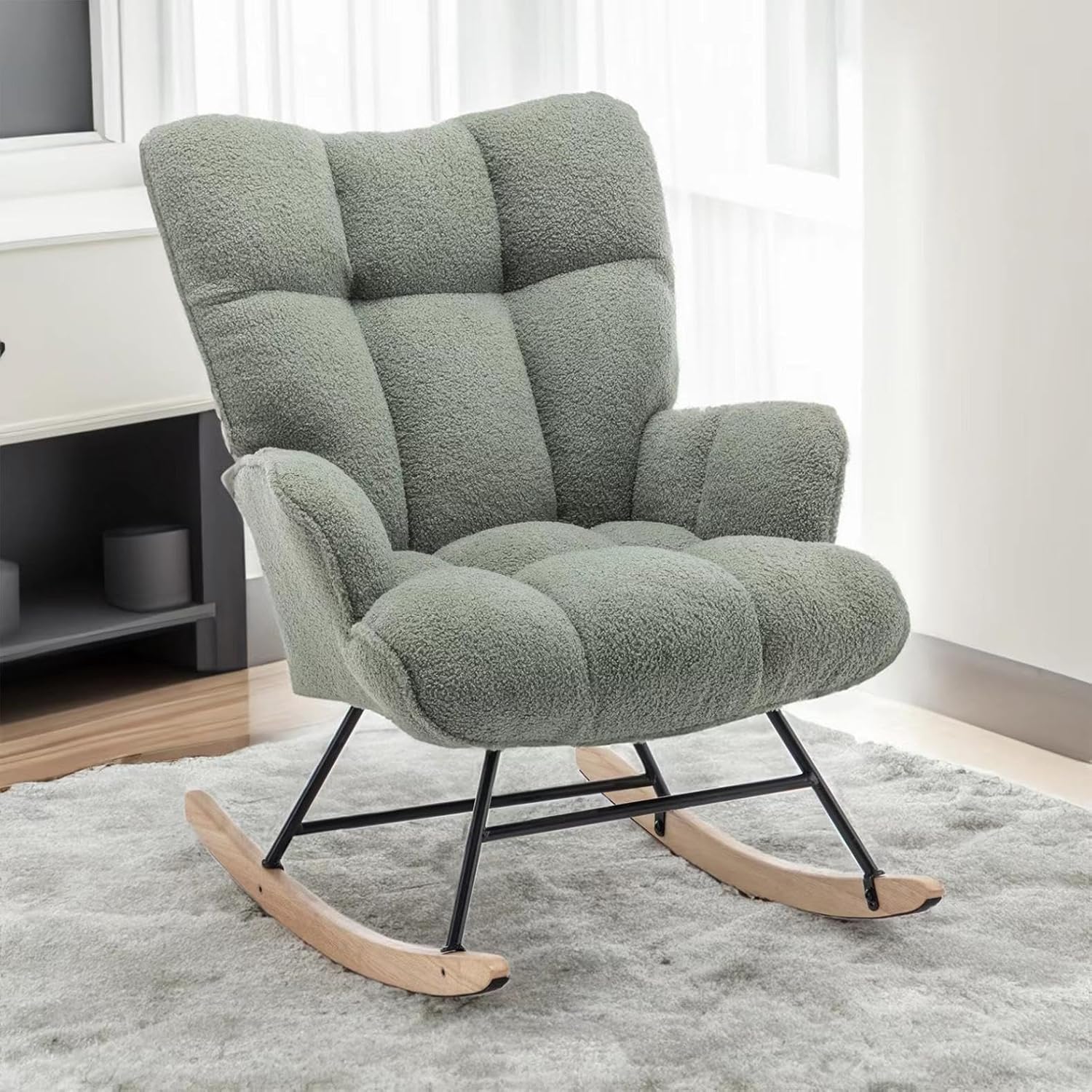Schaukelstuhl, Stillsessel Schaukelsessel, Teddystoff Gepolsterter Schwingsessel Lesesessel Relaxstuhl Sessel mit Holzkufen, Armlehne, für Wohnzimmer, Schlafzimmer, Babyzimmer, Grün