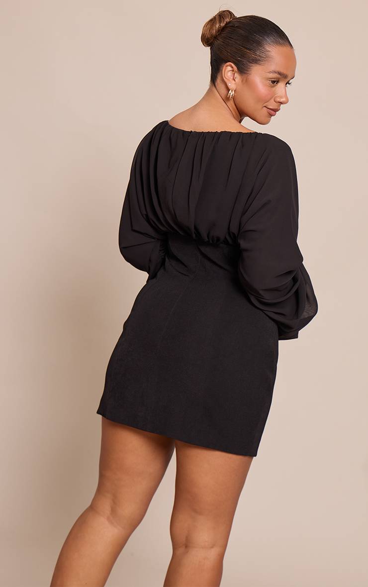 Noir Robe Mini Moulante En Mousseline Froncée À Encolure Bateau