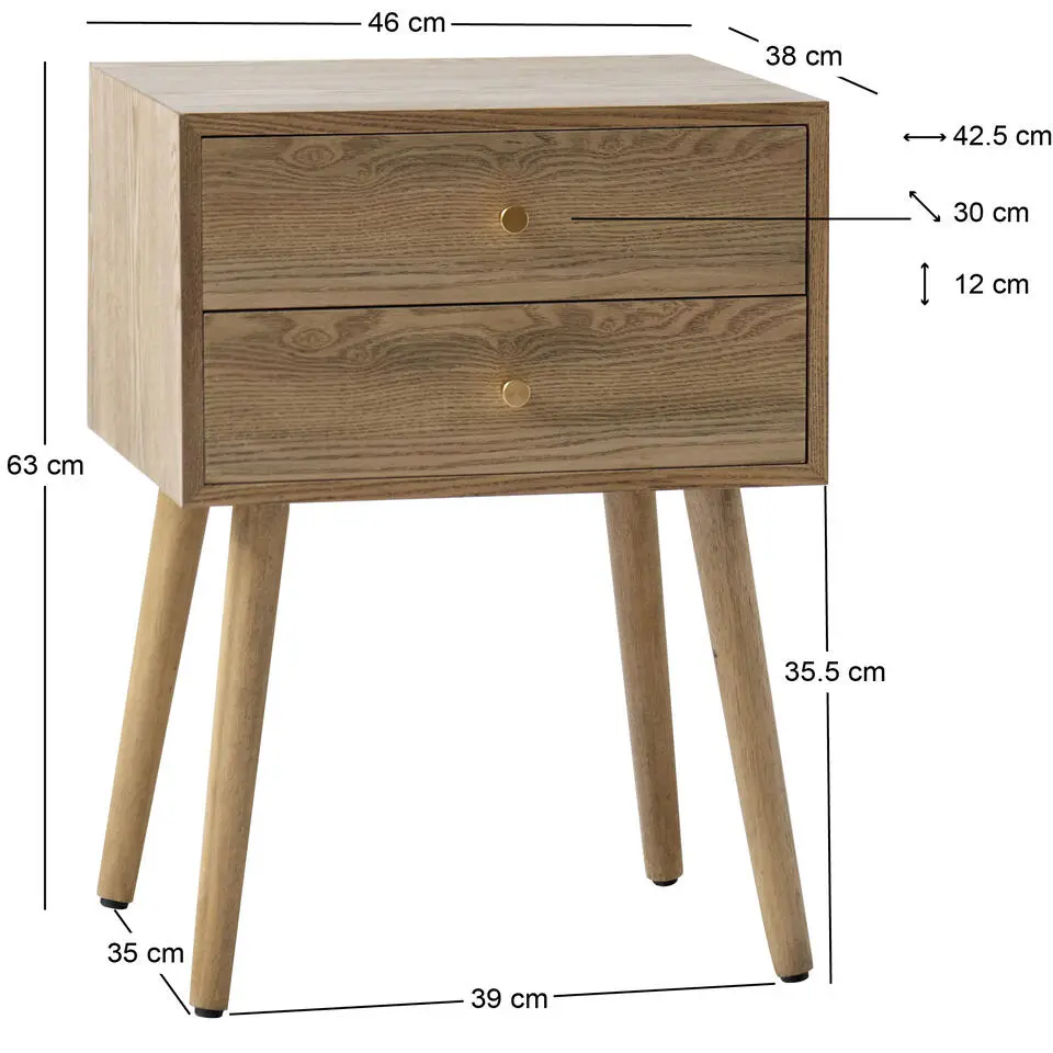 Nachtkastje met 2 laden van natuurlijk hout