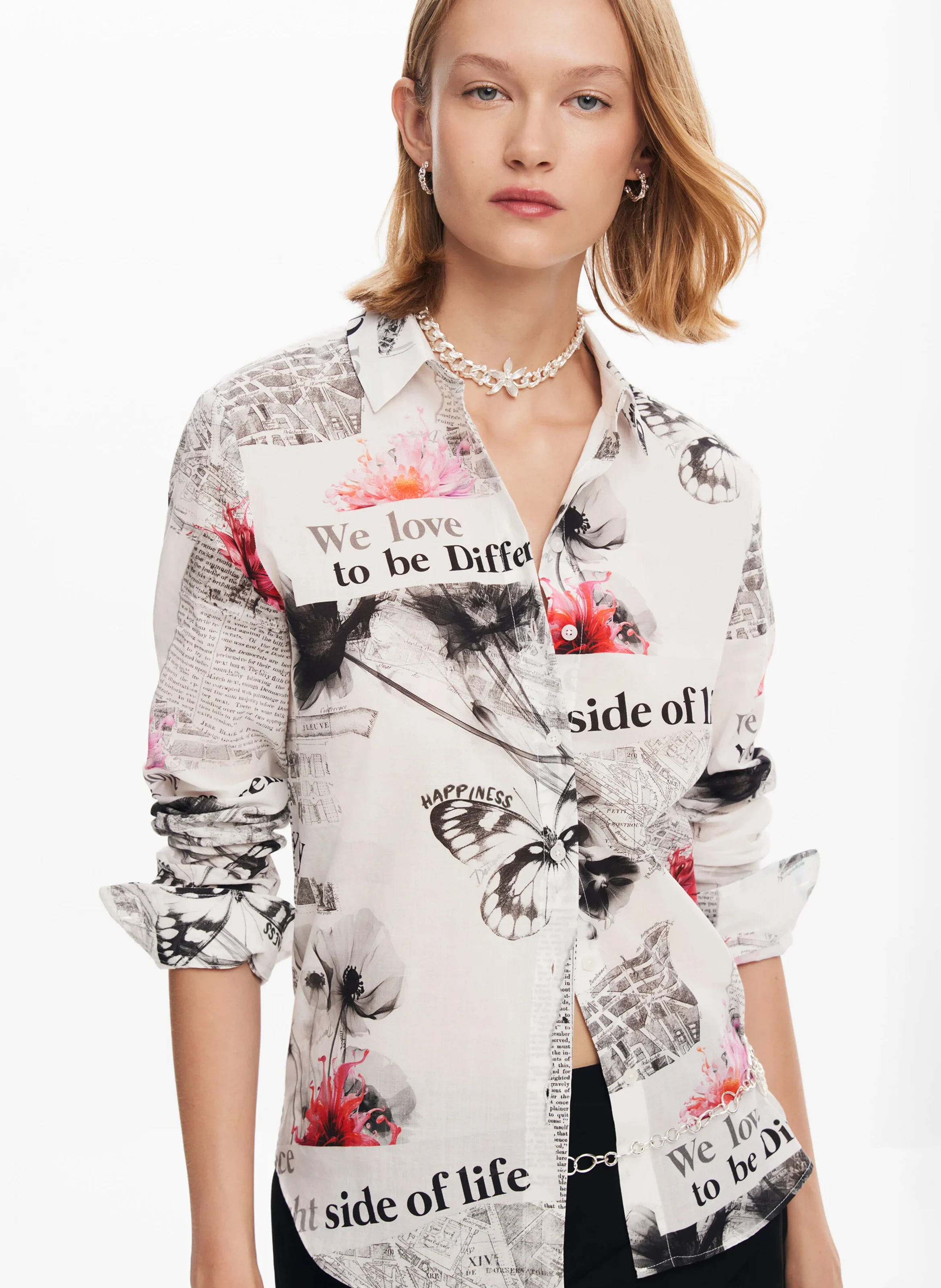 Chemise col classique droite en coton imprimé | Blanc