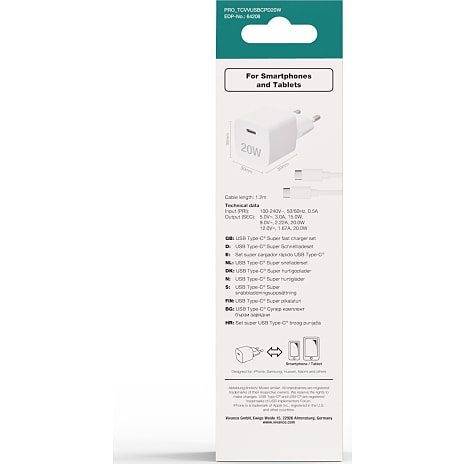 Vivanco hurtigoplader 20 W og 1,2m kabel - hvid
