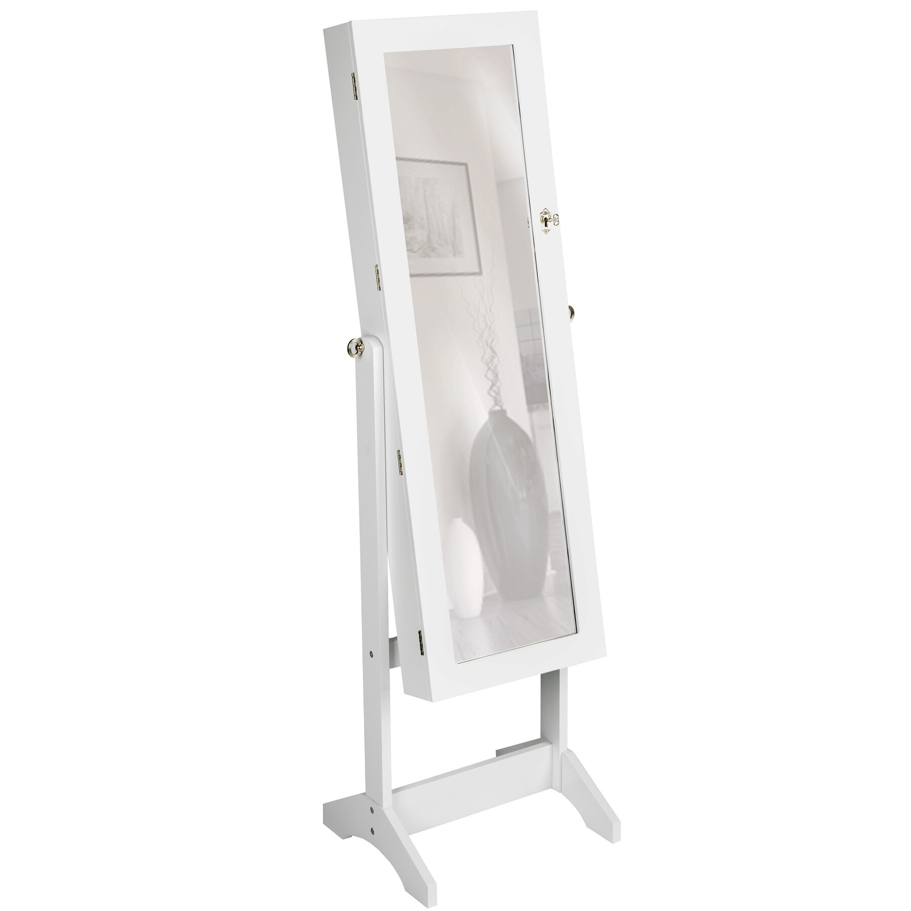 tectake® Schmuckschrank , mit Ganzkörperspiegel, aufgeteilter Innenraum mit Haken, Schlitzen und Löchern, abschließbar