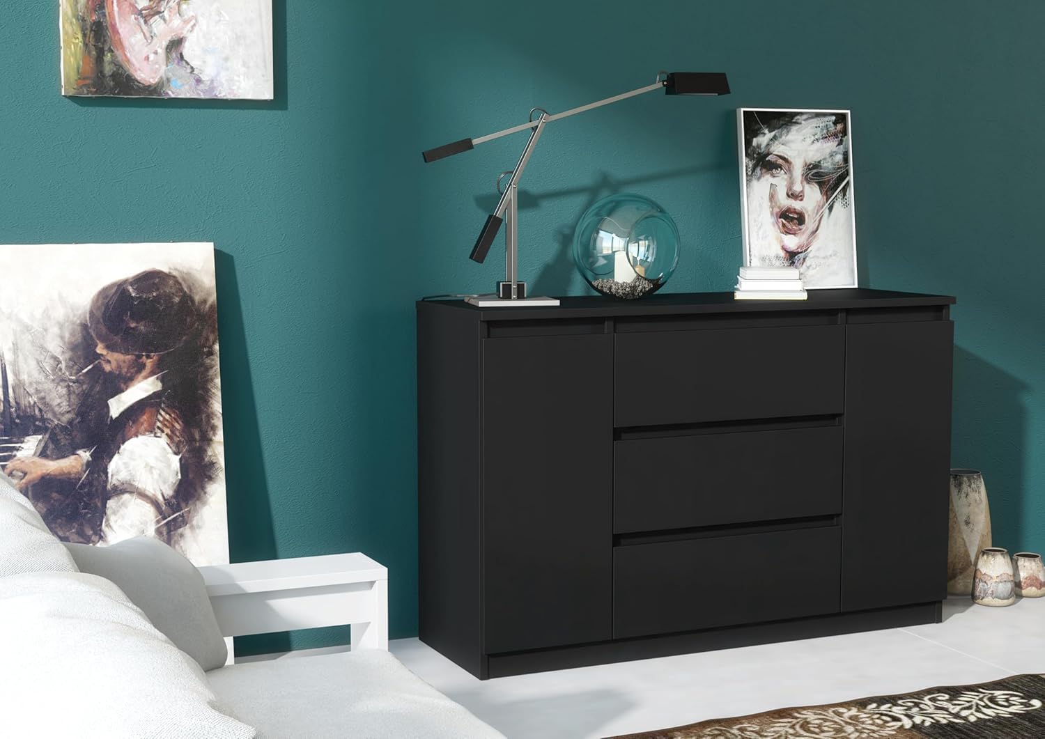 meble masztalerz Kommode 140 cm mit 3 Schubladen & 2 Türen – Schwarz Matt – Sideboard Schlafzimmer Wohnzimmer Flur – Schubladenschrank Holz Modern Design