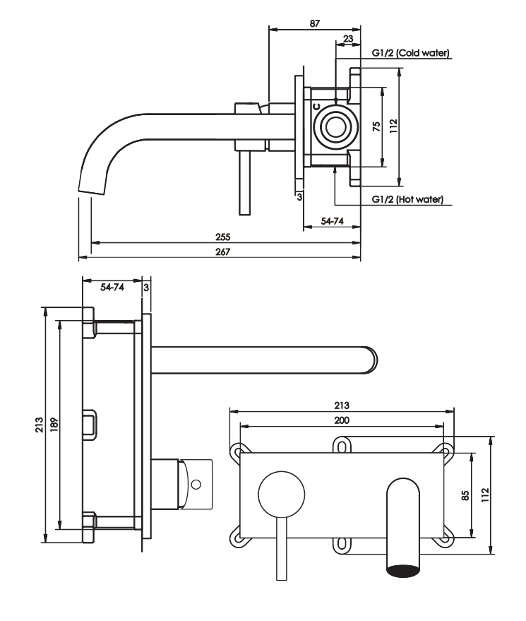 Brauer Gold Edition ColdStart wastafelkraan inbouw gebogen uitloop met achterplaat model C2 geborsteld messing PVD