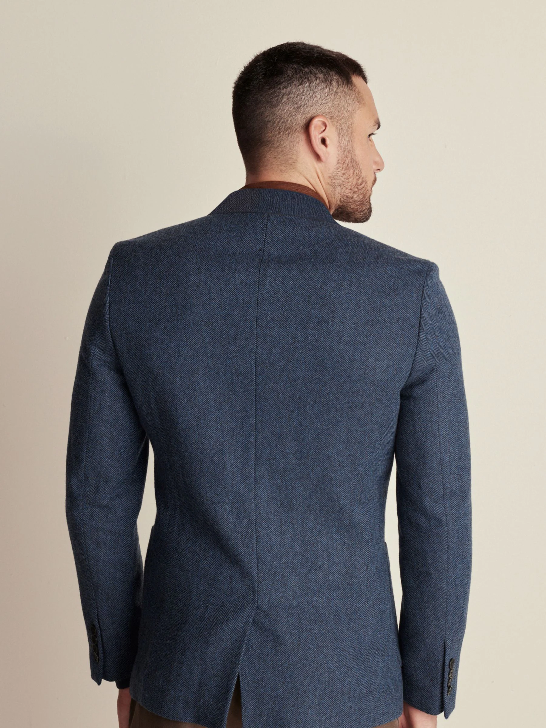 Blauw - Slim Fit - Blazer met visgraatmotief en hoog wolgehalte