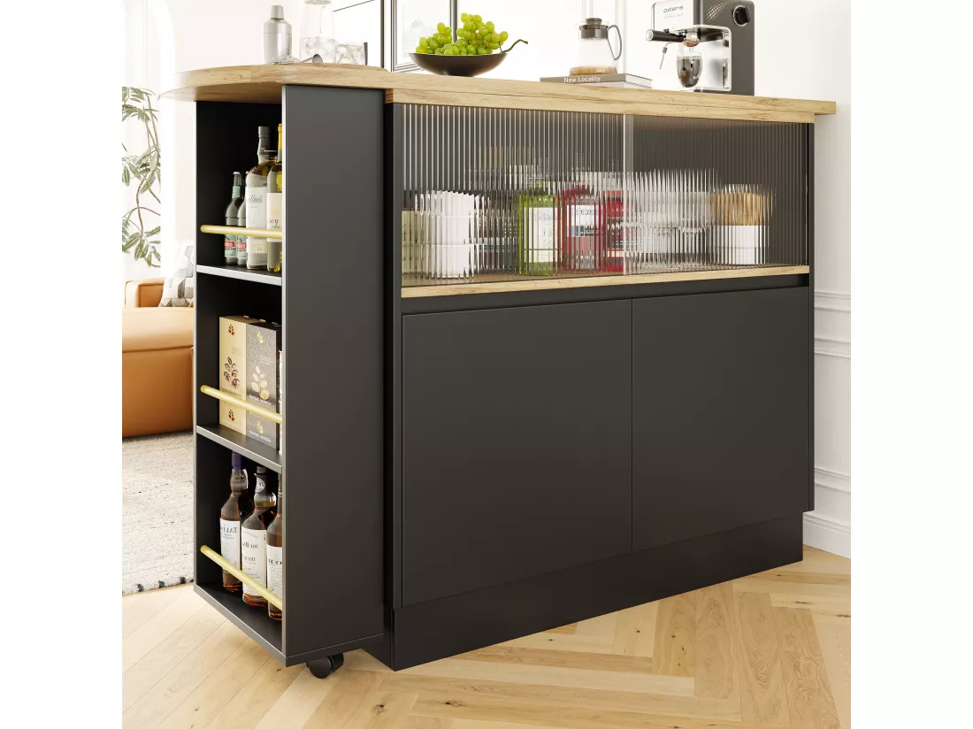 Meuble de bar pivotant - 4 portes et étagères de rangement - Bois MDF et verre - Noir + naturel