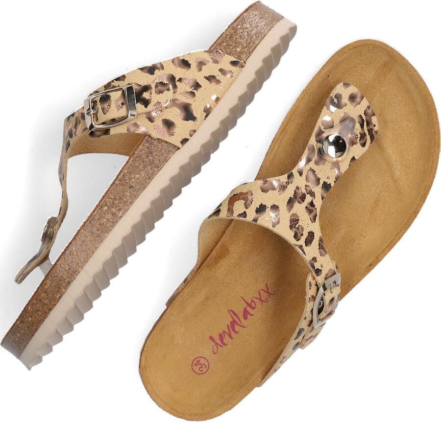 Develab 48202 leren teenslippers met panterprint beige goud