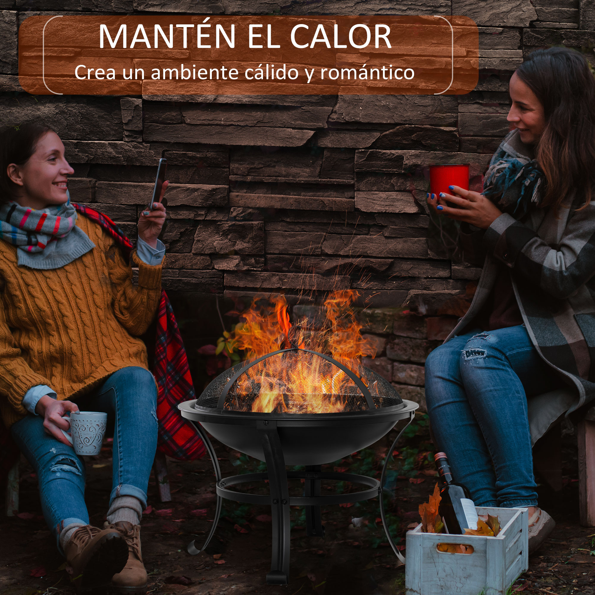 Lareira externa de metal Outsunny com 56 cm de diâmetro, tigela para fogueira de jardim com tampa protetora contra faíscas e atiçador para fogueiras, lenha, pátio, camping, festas, preta.