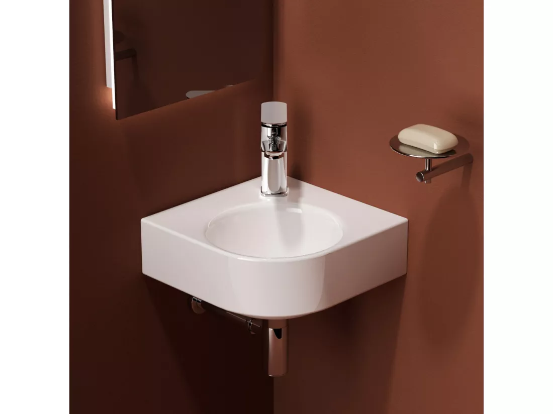 EMKE Lavabo d'Angle Mural de Salle de Bain 440 x 385 x 155 mm, Vasque Compacte en Céramique, Lavabo Gain de Place, Montage mural, Blanc Brillant