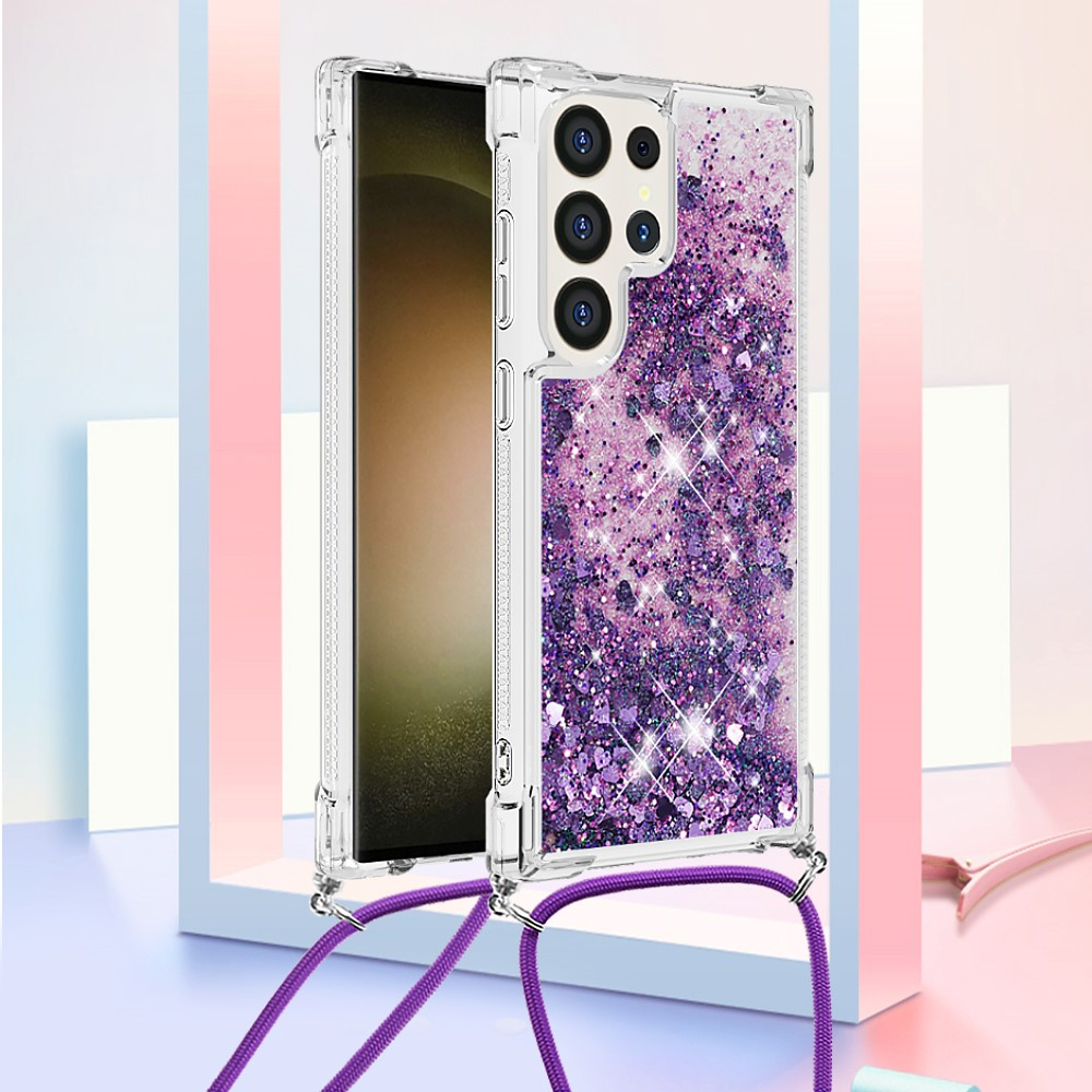 Samsung Galaxy S24 Ultra Necklace Gummi Hülle Liquid Glitzer   Handykette (130cm) - Violett