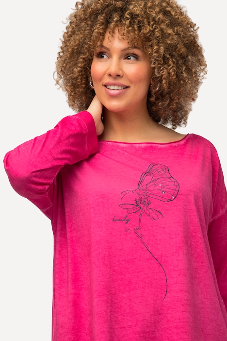 Shirt, Flockdruck, Rollkanten, Rundhals, Langarm