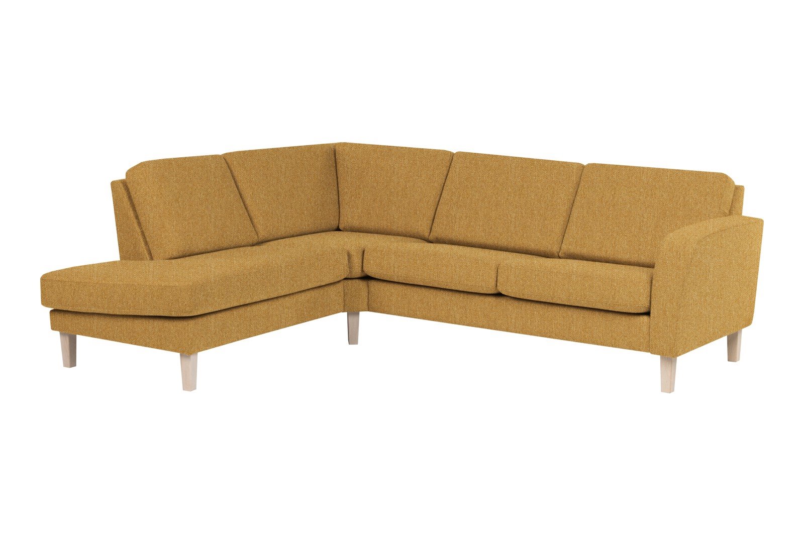 Slogen hjørnesofa Oppsett AV. 2,5-seter med åpen ende venstre. Tekstil Viva Golden med standard ryggpute. Vange A og hvitpigmentert ben 178.
