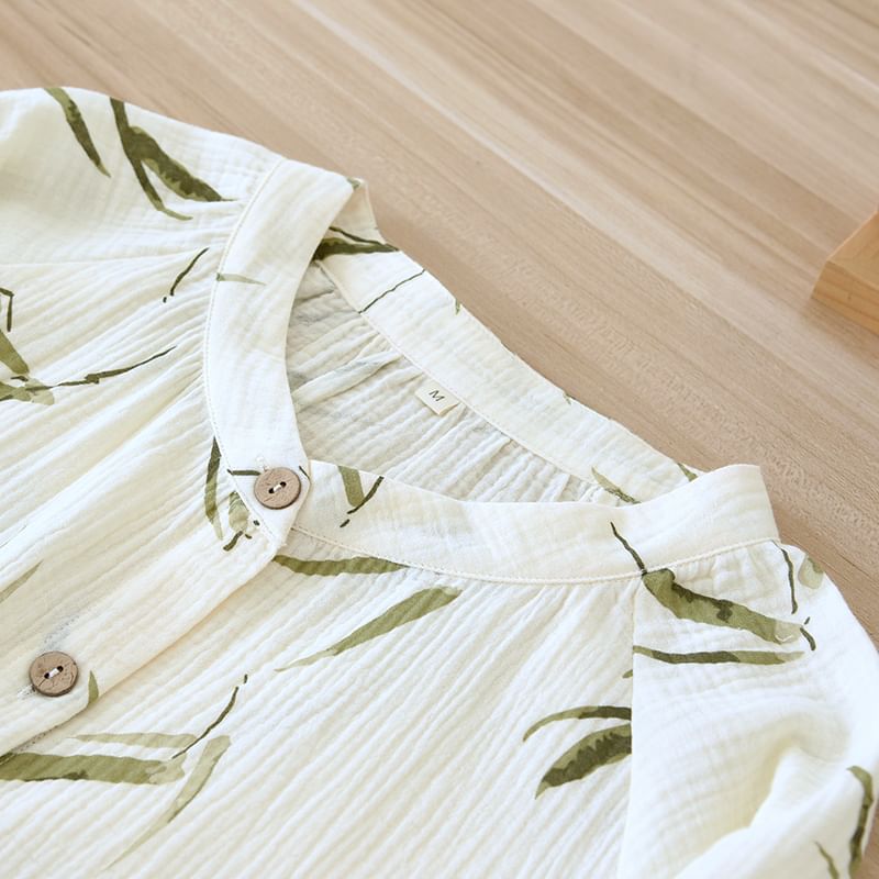 MelMount - Pyjamaset: Lange mouwen ronde hals top met bamboeprint en knoopjes + broek