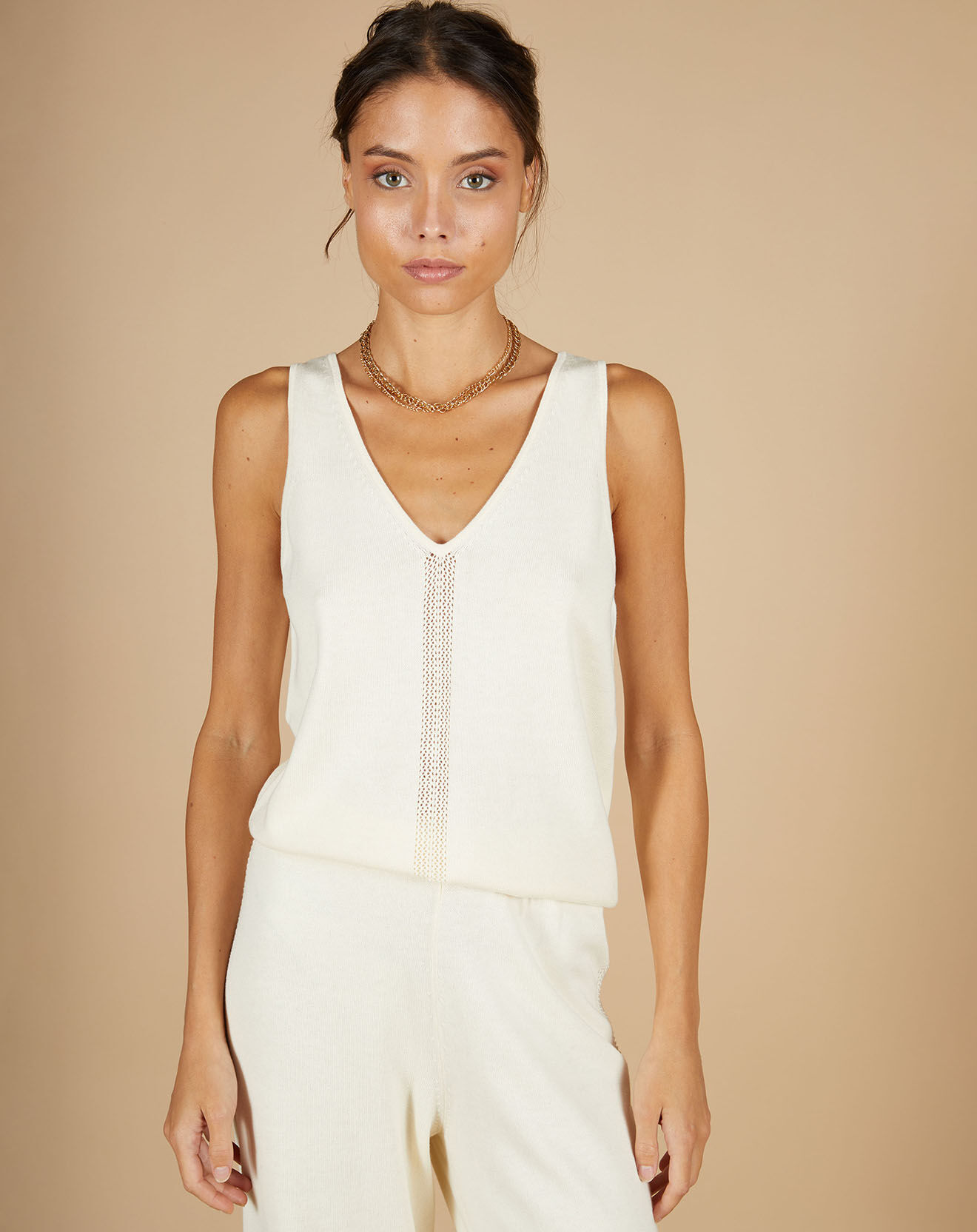 Cashmere Tribu Top en Coton & Cachemire Juliette fines bretelles blanc cassé