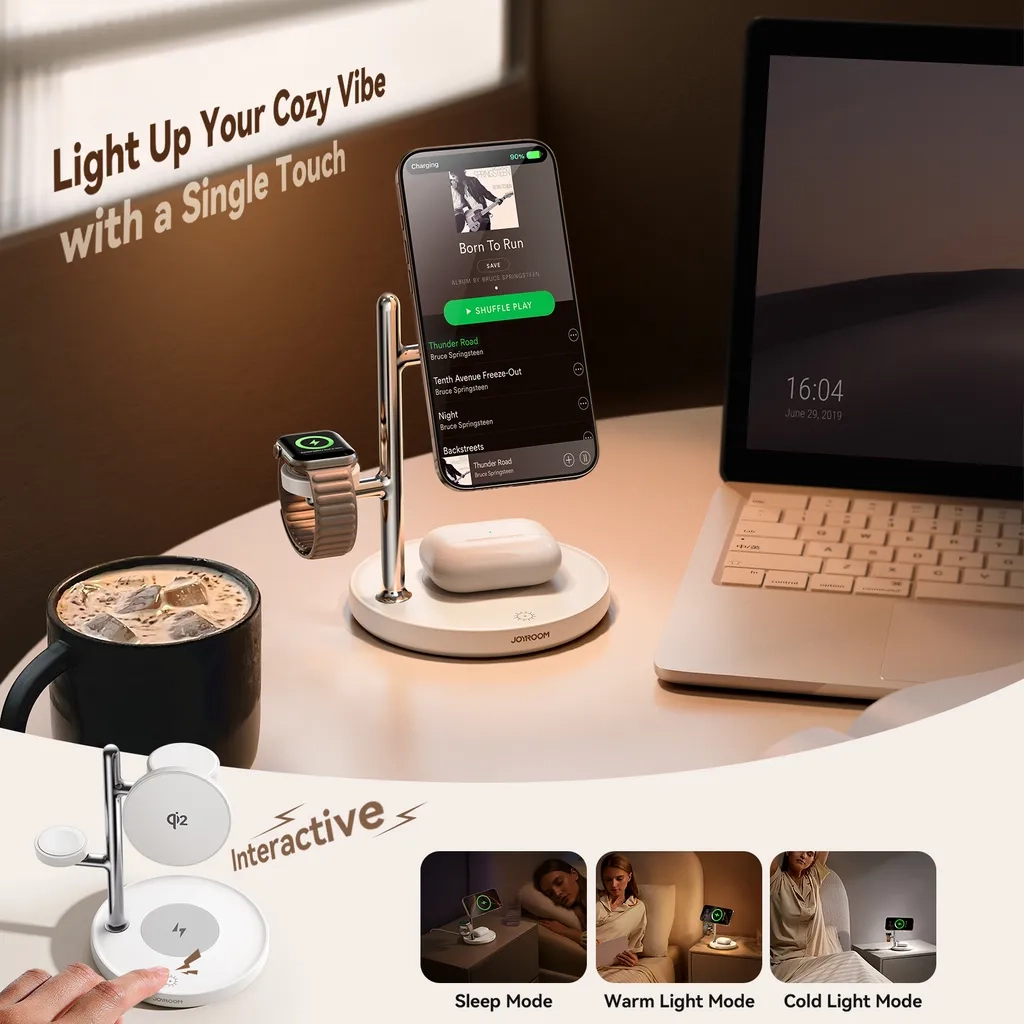(15W) 4in1 Qi2 Wireless Charger Fast Charging Ladegerät Ladestation mit LED Beleuchtung Nachtlicht (JR-W23) - Weiss