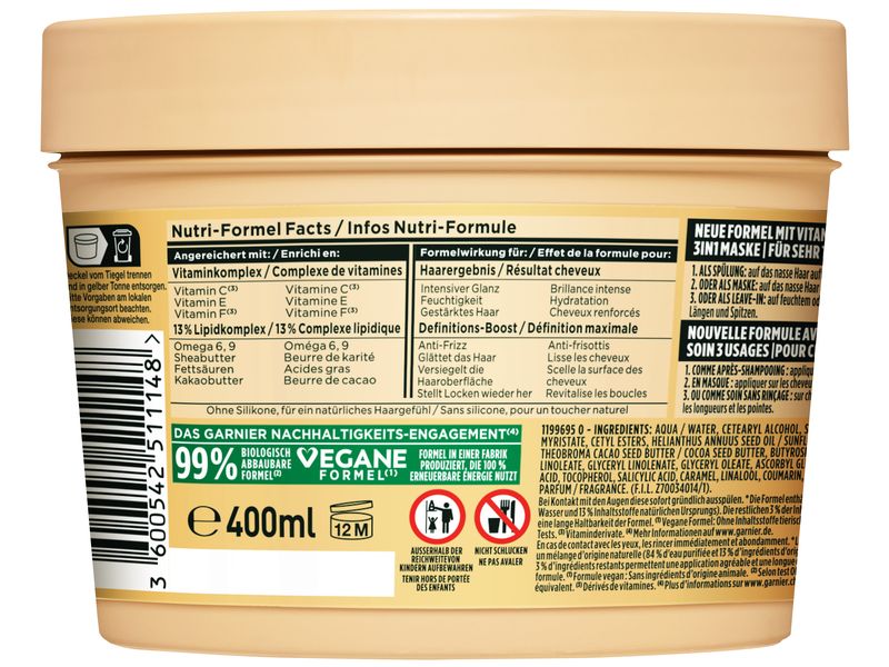 Garnier Haarkur Fructis Hair Food 3in1 Maske Cocoa 400 ml Haarpflege die als Pre-Shampoo, Maske und Spülung gleichermassen verwendet werden kann